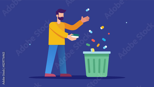 A man tosses a handful of suiously colored pills into the trash opting for a more holistic approach to his wellbeing.. Vector illustration