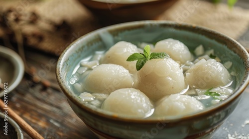 A traditional Thai dessert of bua loy (rice flour balls in coconut milk) served in a ceramic bowl. photo