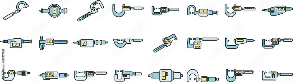 Digital micrometer icons set outline vector. Caliper ruler. Device construction thin line color flat on white