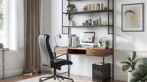 A stylish small desk with open shelves above and an industrial metal mesh back panel stands out against the white walls. 