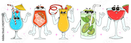 Set retro groovy characters cocktails. Blue lagoon, cosmopolitan, pina colada, mojito, aperol spritz. Funky characters with different poses and emotions. Vintage design with a contemporary twist.