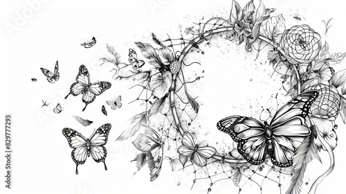 Dream catcher and butterflies on white background 