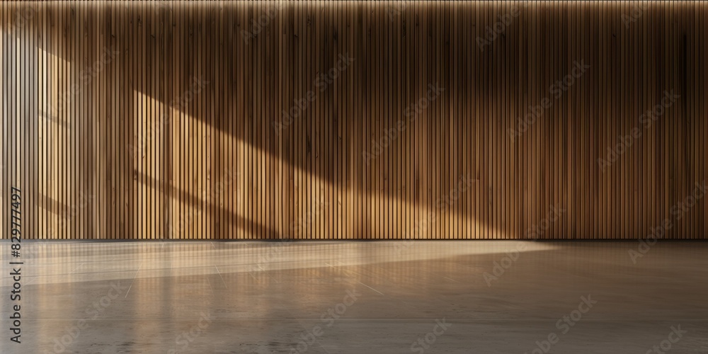 Wall with wood background. Panels with wood texture. Vertical slats in the interior design of an empty studio room. 3D architecture with window shadow overlay. Wall with wood background. Panels with wood texture. Vertical slats in the interior design of an empty studio room. 3D architecture with window shadow overlay.