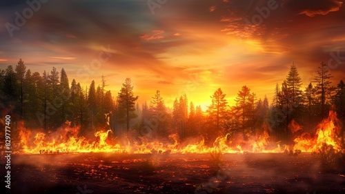 Intense forest fire raging through a dense woodland at sunset, creating a dramatic and devastating scene of nature's fury.