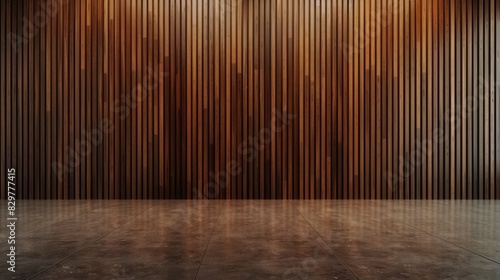 Fototapeta Naklejka Na Ścianę i Meble -  Wall with wood background. Texture of wooden panels made of vertical slats. Template for design empty room studio. Corrugated plank boards.