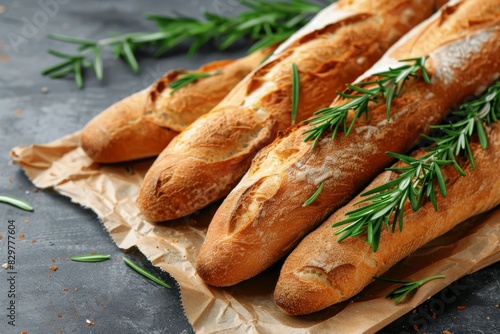 Fresh baguettes on craft paper, a delightful glimpse of traditional french breakfast photo