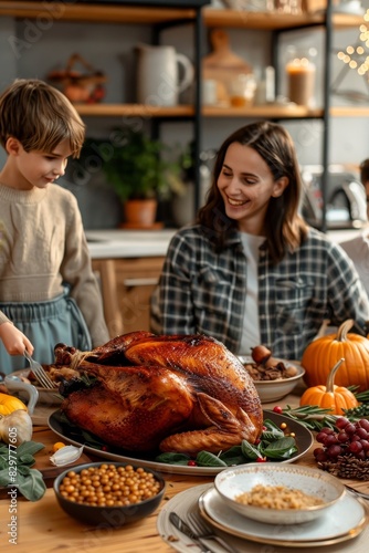 Festive family dinner  turkey on table for thanksgiving, christmas, or new year s celebration