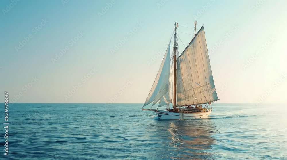 Fototapeta premium Against the background of the ocean, the sailboat glided gracefully across the horizon, its sails billowing in the gentle breeze.