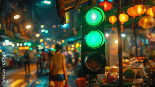 A traffic light showing green at a bustling night market, with colorful vendor stalls and shoppers in the background. © Plaifah