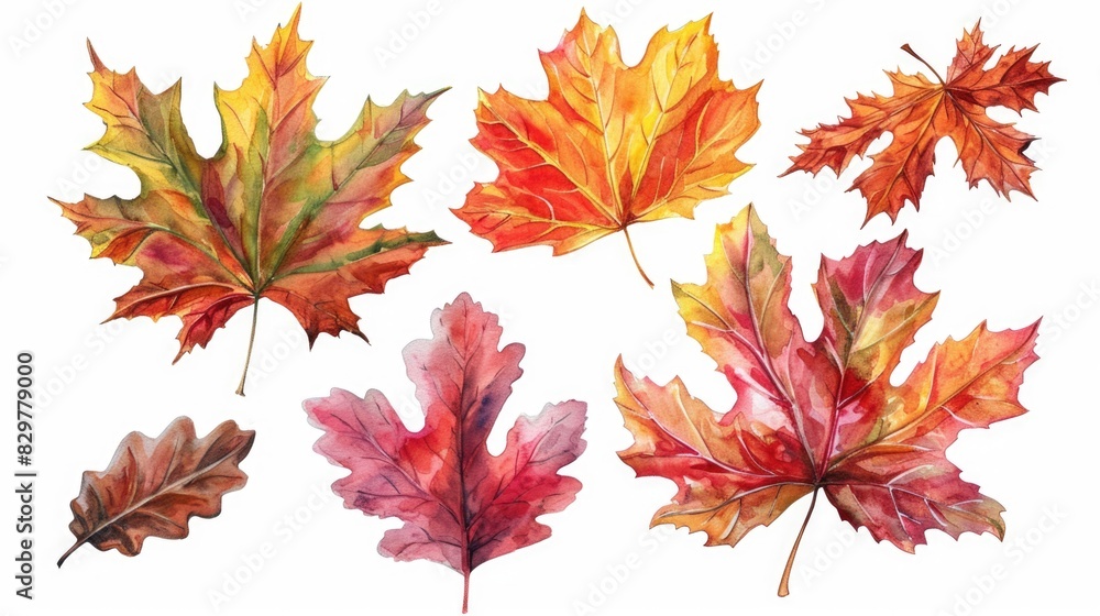 Fototapeta premium A set of watercolor leaves with a variety of colors, including red, yellow, and green