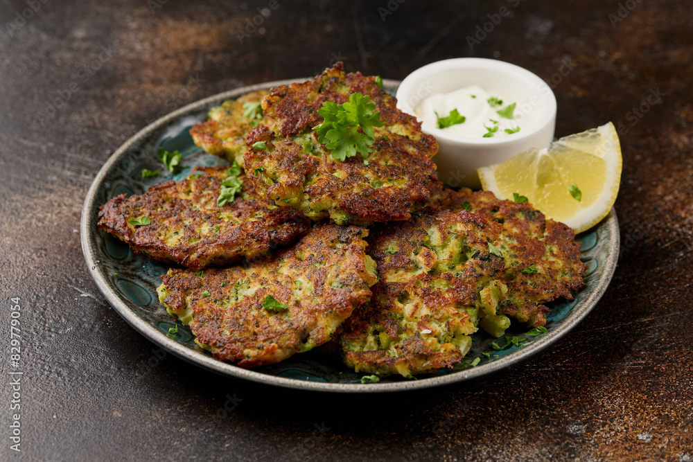 Fried Broccoli fritters or pancakes with parmesan and mozzarella cheese Fried Broccoli fritters or pancakes with parmesan and mozzarella cheese