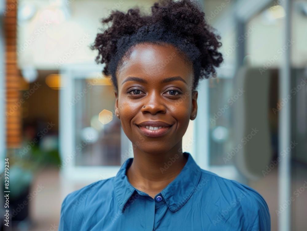 A woman with a blue shirt and a ponytail is smiling. She is wearing a necklace and earrings A woman with a blue shirt and a ponytail is smiling. She is wearing a necklace and earrings