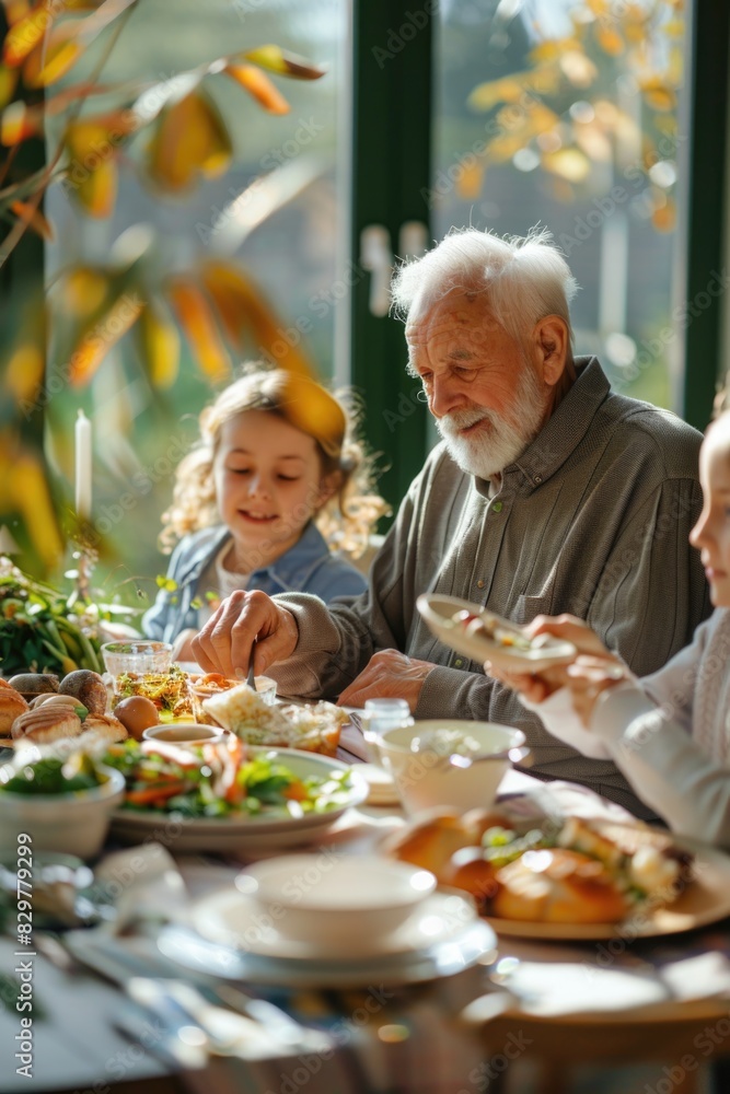 A family is sitting down to eat a meal together. The older man is wearing a gray sweater and has a beard. The younger children are sitting across from him. The table is set with plates of food