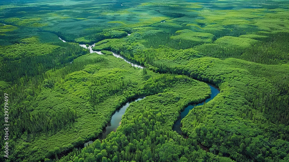 An aerial view of a dense forest reveals a lush, green canopy stretching as far as the eye can see, interspersed with winding rivers and the occasional clearing