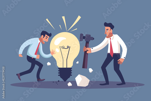 Envious Colleague Destroys Lightbulb Idea of Businessman with Hammer from Behind