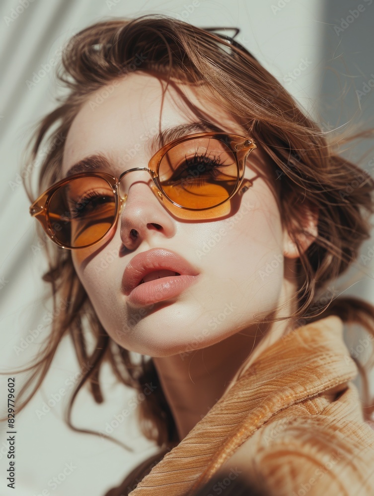 A woman with long brown hair and a yellow pair of sunglasses. She is wearing a brown jacket and has a smile on her face A woman with long brown hair and a yellow pair of sunglasses. She is wearing a brown jacket and has a smile on her face