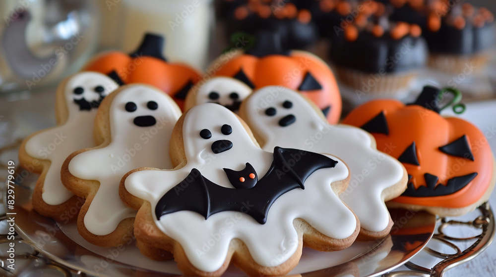 A close-up of Halloween-themed cookies shaped like ghosts, pumpkins, and bats, arranged on a plate. A close-up of Halloween-themed cookies shaped like ghosts, pumpkins, and bats, arranged on a plate.