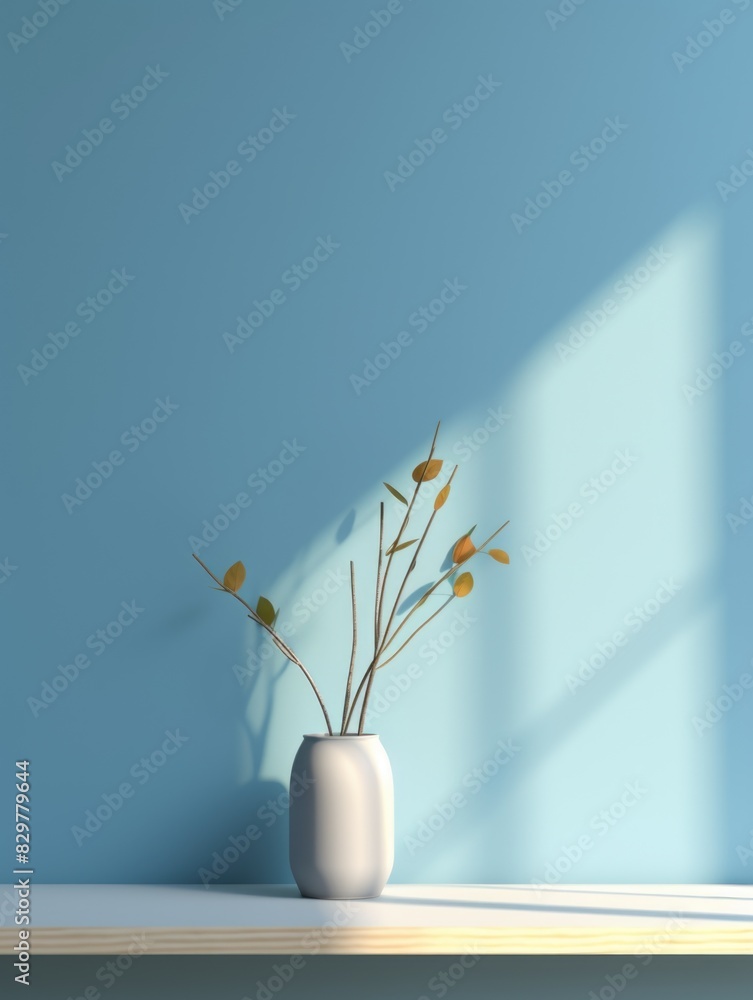 A white vase with a few leaves in it sits on a table in front of a blue wall. The vase is the main focus of the image, and the leaves inside it are arranged in a way that creates a sense of balance A white vase with a few leaves in it sits on a table in front of a blue wall. The vase is the main focus of the image, and the leaves inside it are arranged in a way that creates a sense of balance
