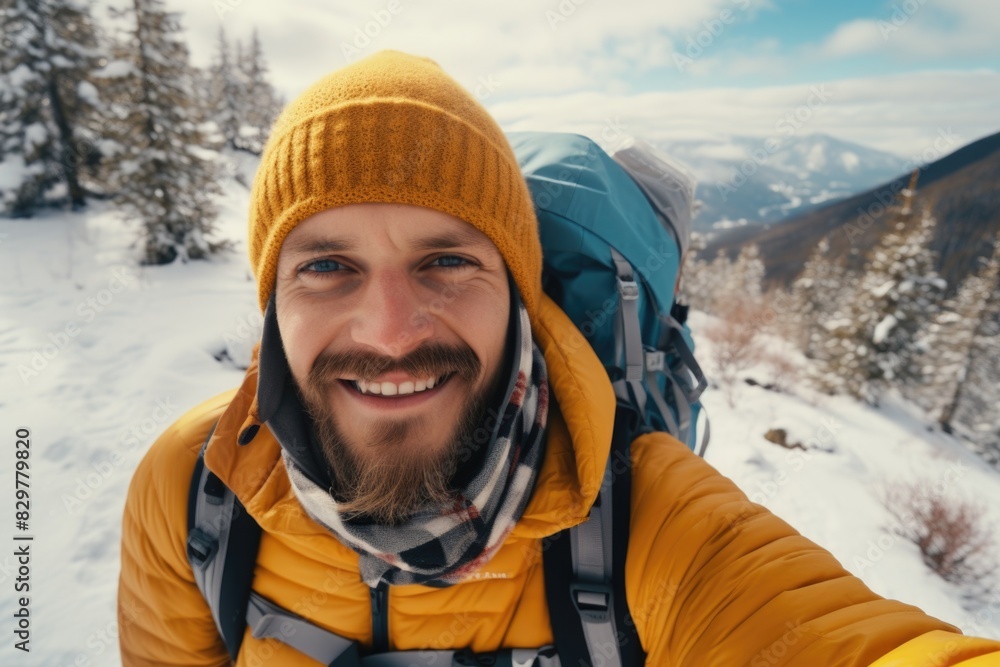A man with a beard and a yellow hat is smiling and taking a selfie. He is wearing a yellow jacket and a blue backpack. Concept of adventure and excitement A man with a beard and a yellow hat is smiling and taking a selfie. He is wearing a yellow jacket and a blue backpack. Concept of adventure and excitement