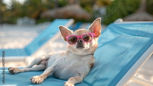 The Glamorous Pooch: Small Dog in Pink Sunglasses Relaxing on Beach Chair