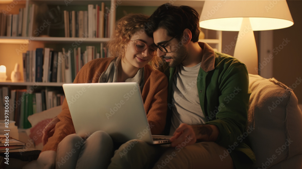 A man and woman are sitting on a couch looking at a laptop. The man is wearing a green shirt and the woman is wearing an orange sweater A man and woman are sitting on a couch looking at a laptop. The man is wearing a green shirt and the woman is wearing an orange sweater