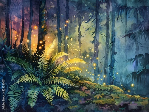 Kangaroo fern in a fantasy forest surrounded by glowing fireflies