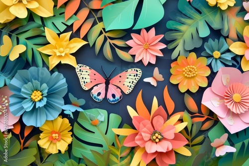 Paper art and craft style of a vibrant garden filled with exotic flowers and whimsical insects