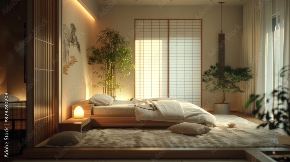 Fototapeta premium A tranquil bedroom with a Zen-inspired design, low furniture, soft lighting, and a calming color palette.