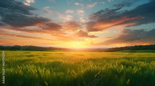 Sunset over a grassy field. Generative AI. © Studicon