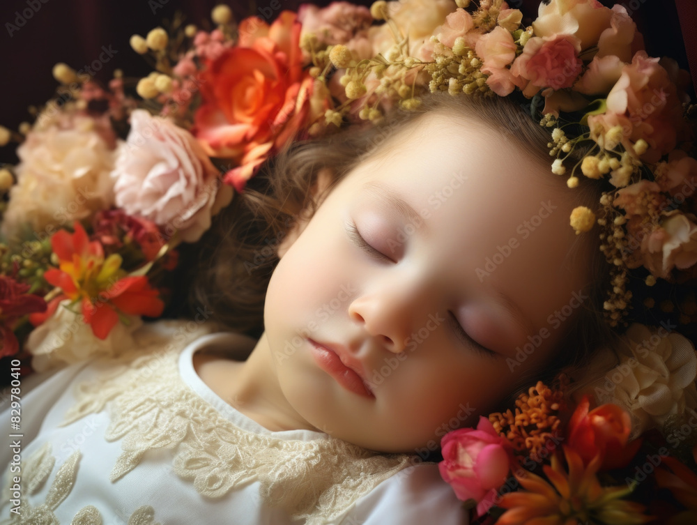 A young girl is sleeping with a flower crown on her head. The flowers are orange and pink, and they are arranged in a way that covers her head and neck. The scene is peaceful and serene A young girl is sleeping with a flower crown on her head. The flowers are orange and pink, and they are arranged in a way that covers her head and neck. The scene is peaceful and serene
