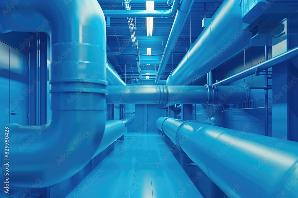 Obraz premium Industrial interior with large blue pipes in a modern facility. Engineering and infrastructure concept.