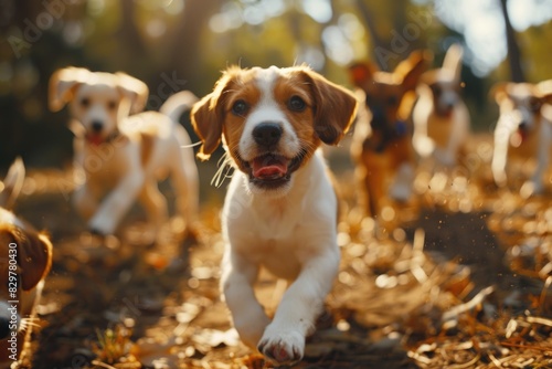 A group of puppies running through the woods. One of the puppies is a white and brown dog