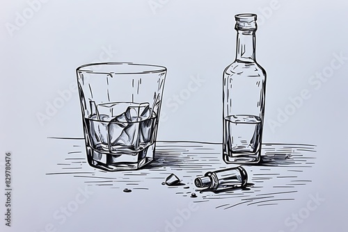 Drawing of a bottle and a glass. Isolated on white background. photo