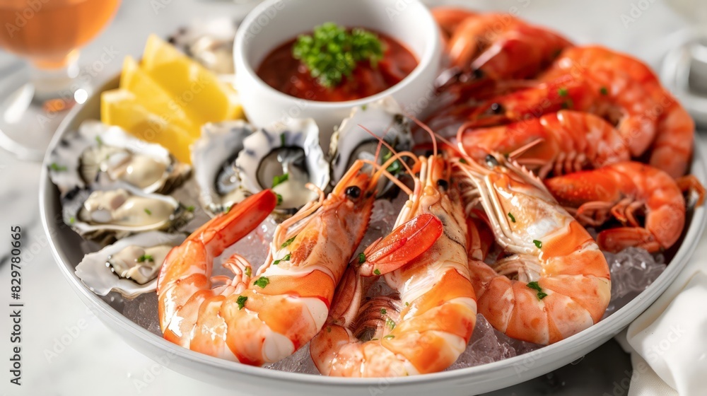 As the centerpiece of a luxurious seafood platter, shrimp are served alongside oysters, crab legs, and lobster tails. The variety of flavors and textures offers a gourmet dining experience. As the centerpiece of a luxurious seafood platter, shrimp are served alongside oysters, crab legs, and lobster tails. The variety of flavors and textures offers a gourmet dining experience.