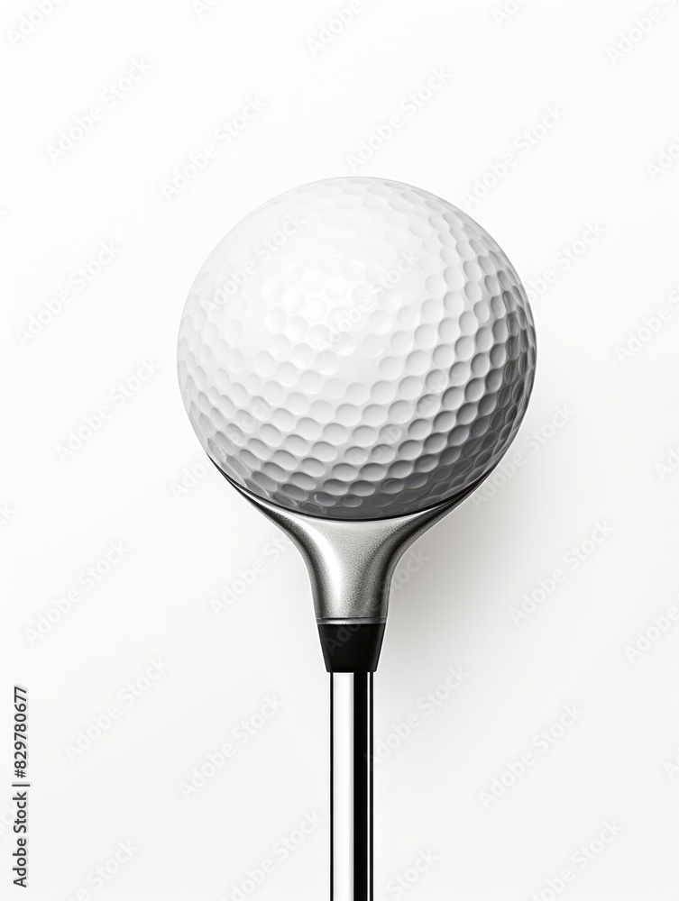 A golf ball is sitting on a golf club. The ball is white and has a few black spots. Concept of focus and precision, as the ball is the main subject and the club is the tool used to hit it A golf ball is sitting on a golf club. The ball is white and has a few black spots. Concept of focus and precision, as the ball is the main subject and the club is the tool used to hit it