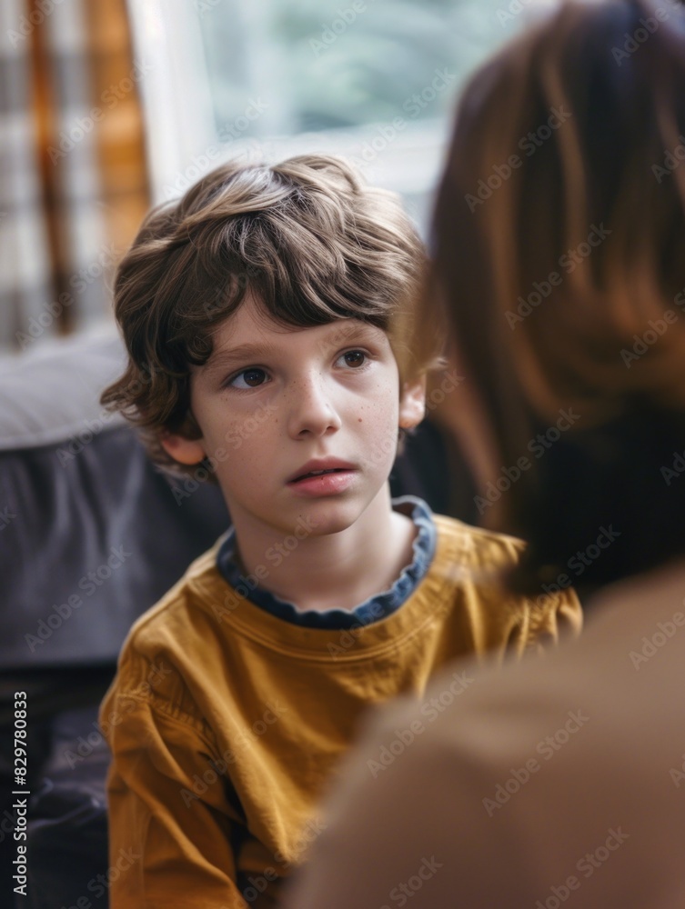 A young boy is sitting on a couch with his mother. He is looking at her with a serious expression on his face A young boy is sitting on a couch with his mother. He is looking at her with a serious expression on his face