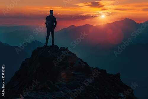 A man stands on a mountain peak  looking out at the sunset. Concept of solitude and contemplation  as the man is alone on the mountain and takes in the beauty of the sunset