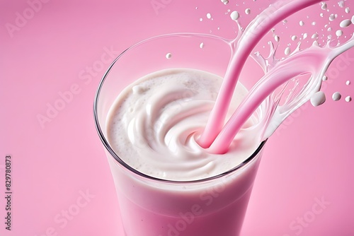 Organic eco natural protein calcium fresh milk. Pink background white glass mug cup. Promotion marketing style Strawberry milkshake splashing in glass on pink background. photo