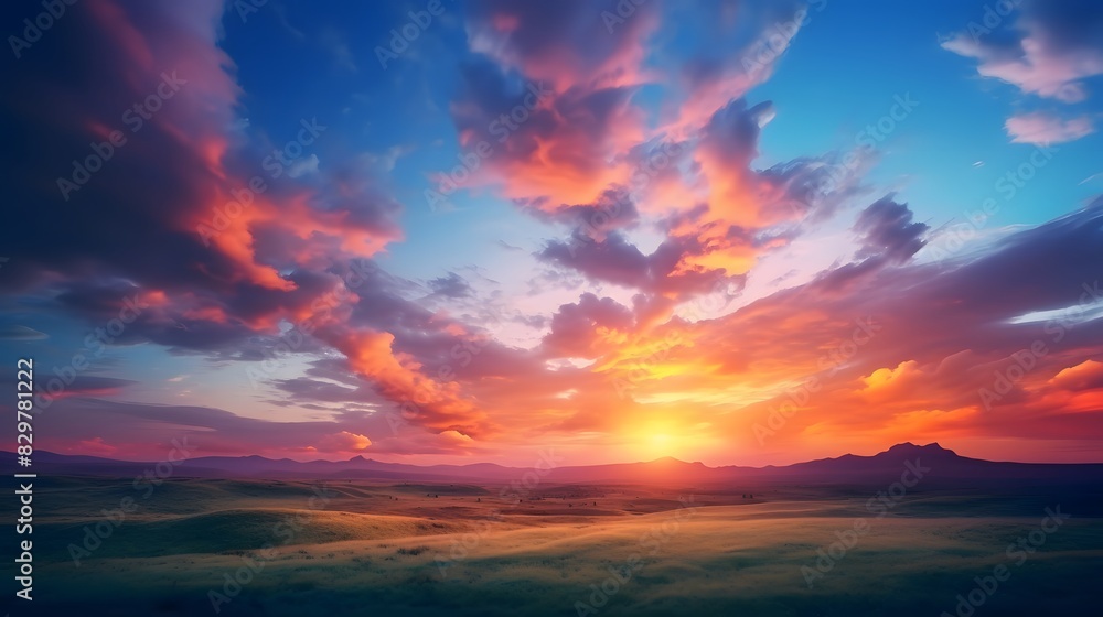 Obraz premium Sunset over a grassy field. Generative AI.