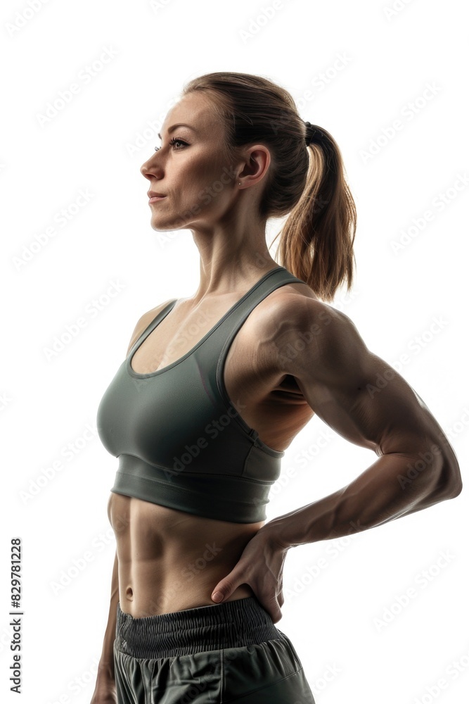 A woman with a green tank top and black shorts is posing for a photo. She has a strong and muscular physique, and her posture suggests confidence and determination A woman with a green tank top and black shorts is posing for a photo. She has a strong and muscular physique, and her posture suggests confidence and determination