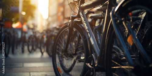 A row of bicycles are parked on the sidewalk. The sun is shining brightly on the bikes, making them look shiny and new. The scene is peaceful and serene, with the bikes standing in a neat row