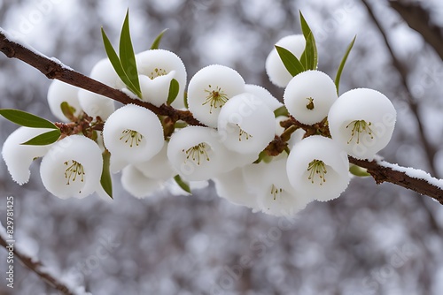 Plum Flowers In Fresh Snow a branch with snow on it. photo