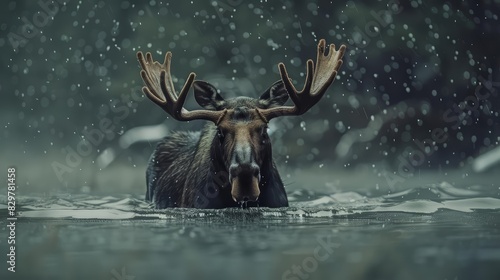 The moose waded through the shallow lake photo