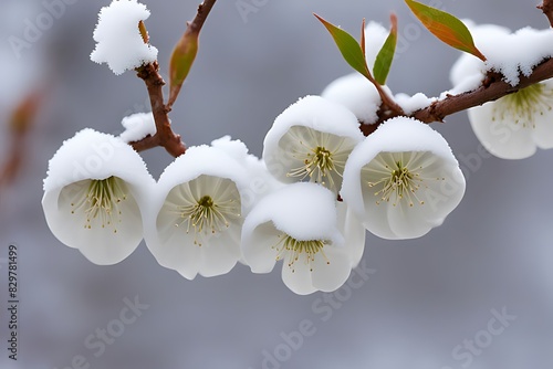 Plum Flowers In Fresh Snow a branch with snow on it. photo