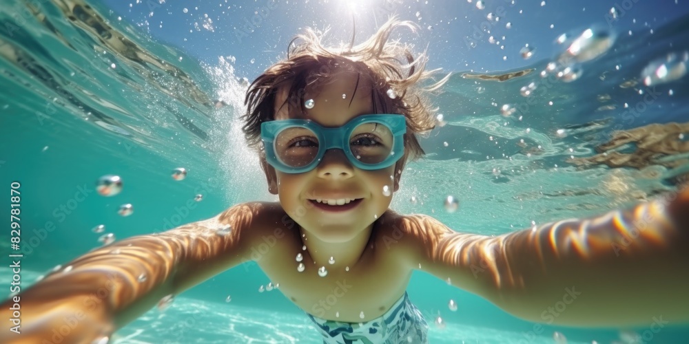 A young boy is swimming in the ocean wearing blue goggles and a swimsuit. He is smiling and looking up at the camera