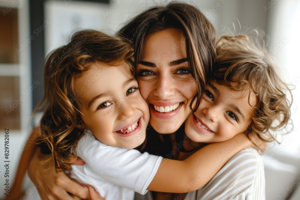 A woman is hugging two children, one of whom has a tooth missing. The woman is smiling and she is happy A woman is hugging two children, one of whom has a tooth missing. The woman is smiling and she is happy