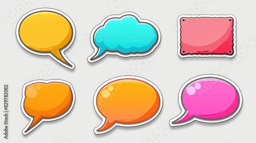 A set of colorful speech bubbles and a square sign. The image conveys a playful and creative atmosphere, as the speech bubbles