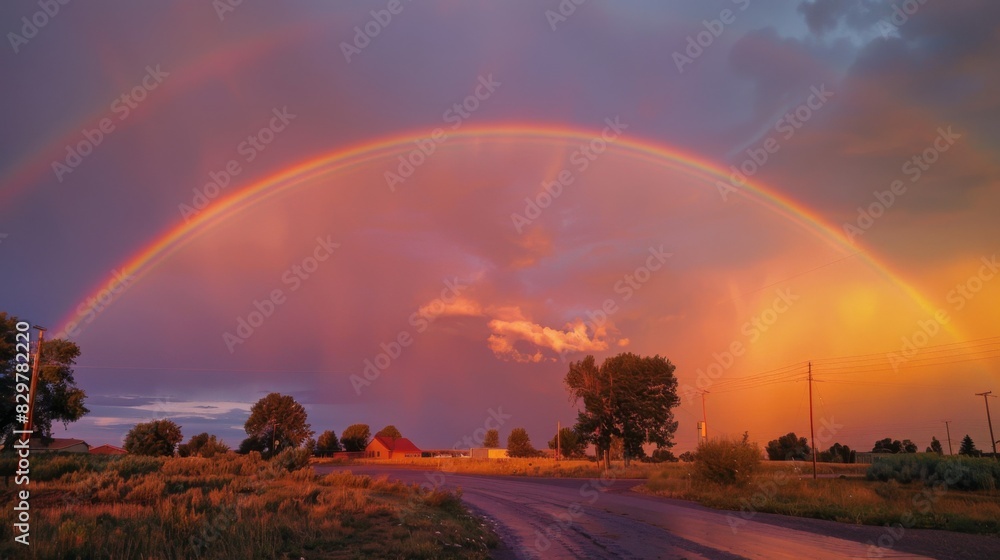 A vibrant rainbow arching across the sky after a passing rainstorm, bringing a sense of joy and hope to the scene.