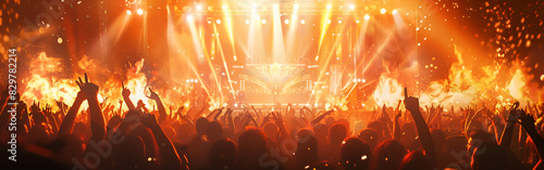Crowd of concert in a night club with lights excitement and entertainment on lighted background 
