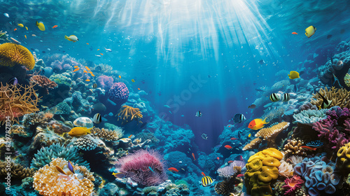 A colorful coral reef with a variety of fish swimming in the water